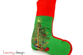 Small green Christmas boots with pine tree & gift embroidery